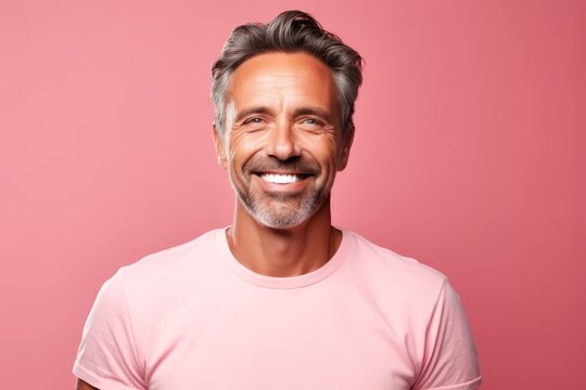 Portrait of a handsome mature man smiling at camera against pink background