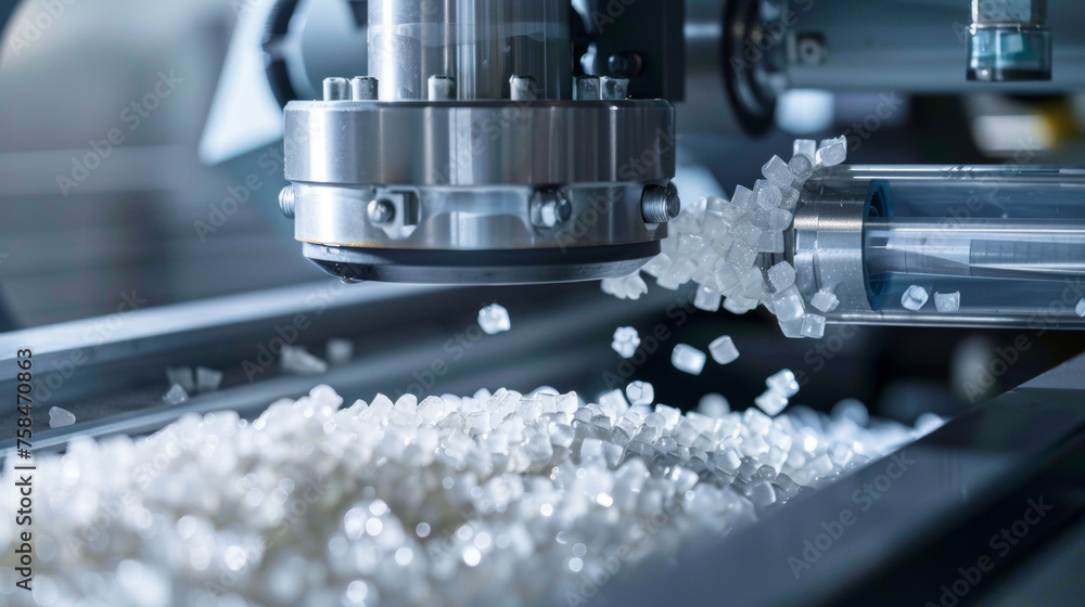 Aufkleber an upclose image of a bioplastic pellet being extruded from a machine showcasing the smooth glossy f
