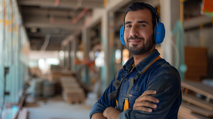 A portrait of a worker, wearing a ear muffs on his head, standing confidently against the backdrop of a construction site. - obrazy, fototapety, plakaty