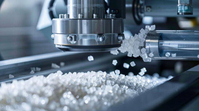 An upclose image of a bioplastic pellet being extruded from a machine showcasing the smooth glossy finish and durable texture of the final product.