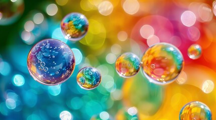 Vivid soap bubbles reflecting a beautiful spectrum of rainbow colors in the background