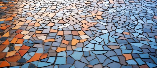 A detailed shot of a vibrant mosaic tile floor, showcasing intricate patterns and colors in a...
