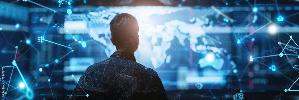 Poster man facing a futuristic interface - a rear view of a man interacting with a complex digital interfac