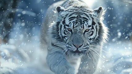 Majestic white tiger in a snowfall - Stunning close-up of a white tiger in a heavy snowfall showcasing wild beauty and survival