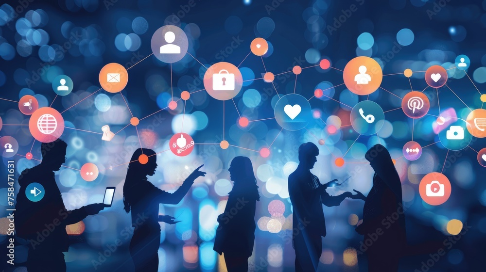 Poster silhouettes engaging with a digital network - multiple silhouettes of people interacting with a dyna