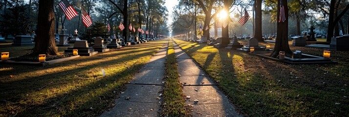 American flags on veterans  graves at national cemetery on memorial day with copy space