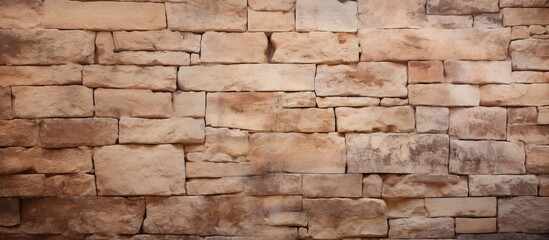 Fototapeta premium A detailed closeup of a brown brick wall showcasing the rectangular bricks made of composite material, resembling a beige stone wall