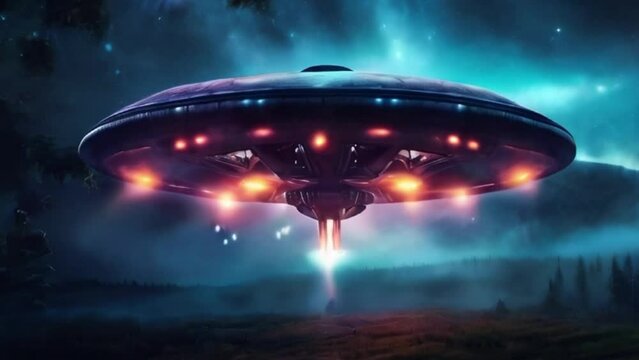 eerie alien ufo abduction lit up in the night sky