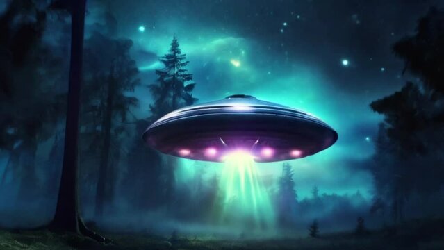 eerie alien ufo abduction lit up in the night sky