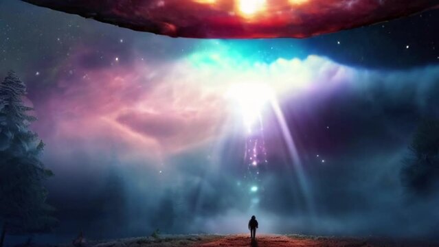 eerie alien ufo abduction lit up in the night sky