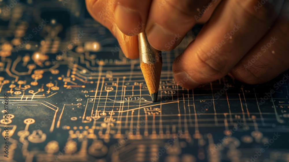 Poster a hand gripping a metallic pencil its tip covered in conductive paint tracing intricate and precise 