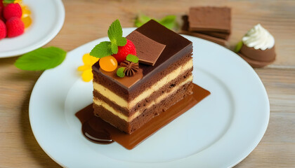 A plate with a slice of chocolate cake, a chocolate mousse, and a slice of tiramisu