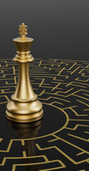 Gold chess king and maze on black background. 3D illustration. - 758475012