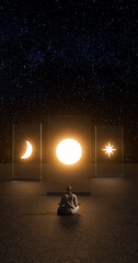 Abstract concept, man meditating under the stars.3D illustration.