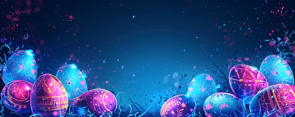 Poster Colorful glowing neon Easter eggs hiding on the grass. Spring christianity religion holiday. Futuristic modern concept. Festive design for greeting card, banner, poster with copy space © ratatosk