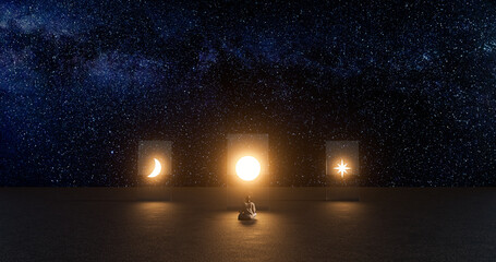 Abstract concept, man meditating under the stars.3D illustration.