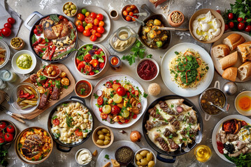 A large food poster, several different types of food, a table full of dishes