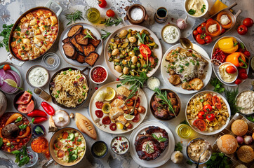 A big food poster, several different types of food, a table full of dishes