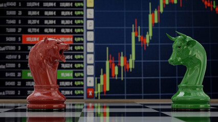 Stock trading corporate bear and bull with chart. 3D illustration.