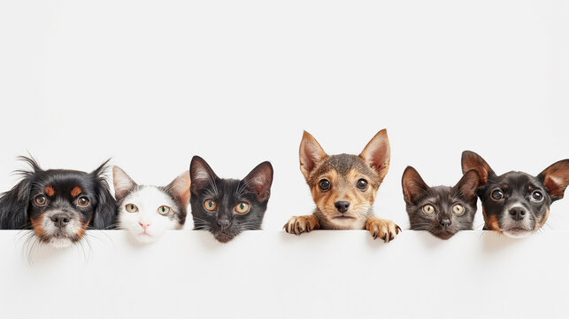 Group of Cute Cats and Dogs Peeking Over White Surface, Animal Friends Concept