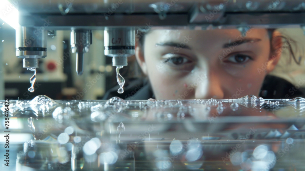 Poster in a laboratory a specialized printer in the background shoots out tiny droplets of a clear solution