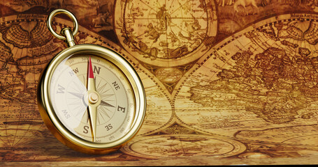 Gold old compass on vintage map. 3D illustration.