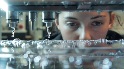 In a laboratory a specialized printer in the background shoots out tiny droplets of a clear solution onto a flat surface. In the foreground a scientist watches the process