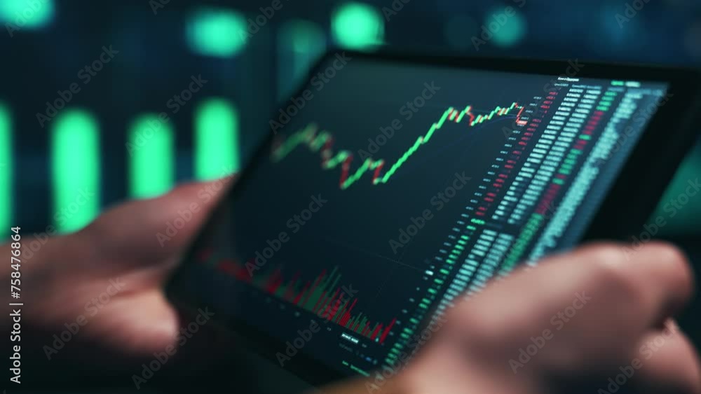 Poster stock market candles and information of exchange with data of price on the tablet screen. financial 