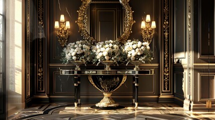 An elegant hallway entrance adorned with a grand black and gold console table, topped with fresh floral arrangements and gilded accents.