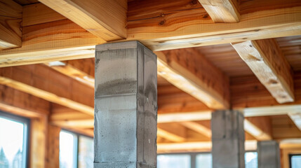 A detailed shot of an interior space showcases a blend of traditional wood beams and modern concrete pillars highlighting the seamless integration of diverse building materials