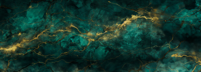 Fototapeta premium This aerial-like view of jade green marble streaked with gold creates an image of Earth's natural artistry, symbolizing both strength and luxury. Banner. Copy space.