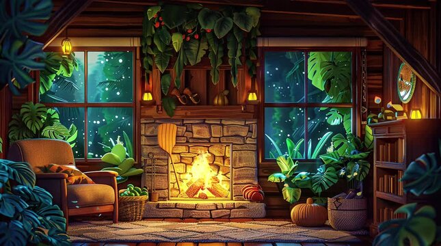 Inviting living room ambiance with crackling fireplace, creating a cozy and warm atmosphere  Seamless looping 4k time-lapse virtual video animation background. Generated AI