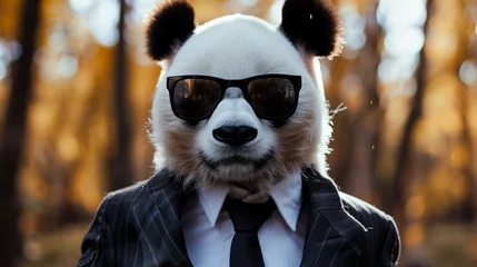 Fotobehang close up of a panda portrait wearing sunglassesand suit  with blur backdrops © Shahir