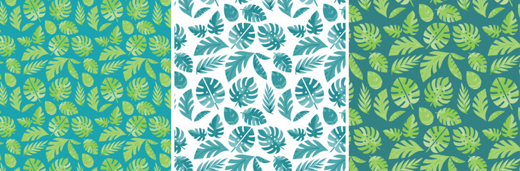Fototapeta na wymiar Modern Tropical Leaves Seamless Pattern. Tropical Leaf Trio: Fresh Teal, Crisp White, and Serene Sea Green Collection