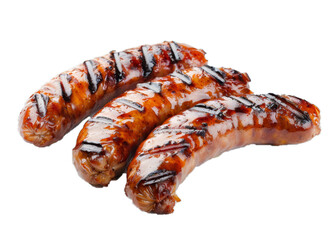 Three Nuremberg grilled sausages from the charcoal grill isolated on transparent background 