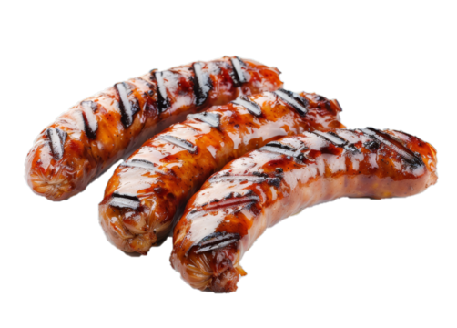 Three Nuremberg grilled sausages from the charcoal grill isolated on transparent background 