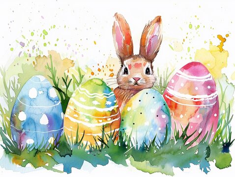 Happy watercolor bunny and easter eggs