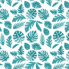 Serene Tropics: Crisp White and Seafoam Green Leafy Harmony - Modern Tropical Leaves Seamless Pattern