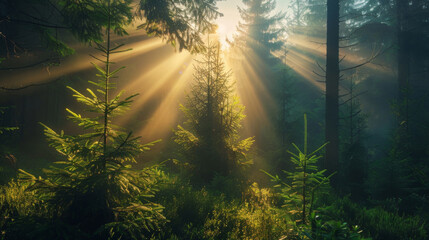 Morning sunbeams break through the mist in a serene, green forest, highlighting the natural beauty of the woodland.
