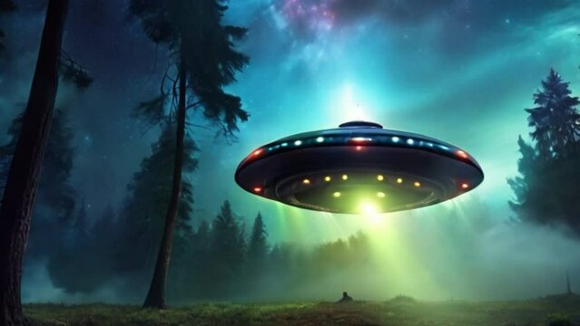 eerie alien ufo abduction lit up in the night sky