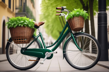 An eco-friendly bicycle with a basket overflowing with lush green leaves, symbolizing sustainable and healthy transportation in an urban environment - obrazy, fototapety, plakaty