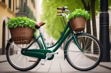 Foto auf Acrylglas An eco-friendly bicycle with a basket overflowing with lush green leaves, symbolizing sustainable and healthy transportation in an urban environment © Valentina Zaitseva