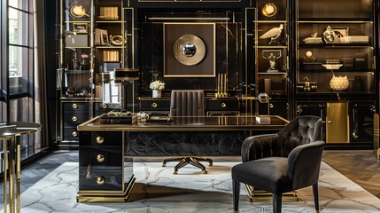 A chic home office space accented with black lacquer cabinetry and gold hardware, furnished with a sleek modern desk and plush velvet chair. - obrazy, fototapety, plakaty