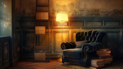 A cozy reading nook tucked away in a corner, with a plush black velvet armchair and a golden floor...