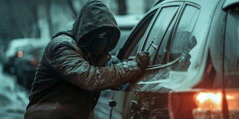 Fototapeta na wymiar Urban Crime Hooded Figure Breaking into Car