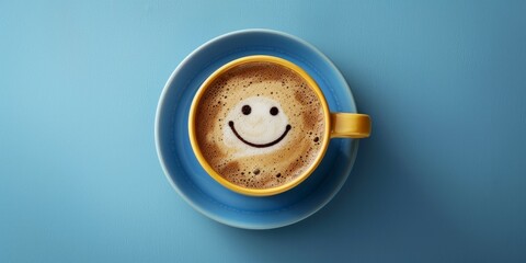 Smiley Face Coffee Cup from Above on Minimalist Background