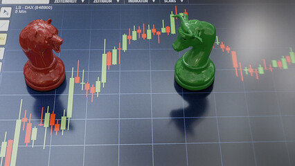 Stock trading corporate bear and bull with chart. 3D illustration.