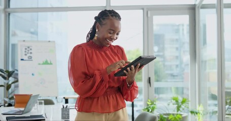 Black woman, laugh and office with tablet for video or social media for information, entertainment and trends as public relations on break. Female person, happy and internet for streaming service - Powered by Adobe