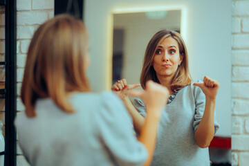 Woman Looking in the Mirror Pointing to herself at the Salon. Self-obsessed vain girl checking...