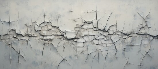 A closeup of a cracked white wall resembling natural landscape artwork with twig, wood, and plant elements. The scene evokes a freezing landscape with a tree silhouette - obrazy, fototapety, plakaty